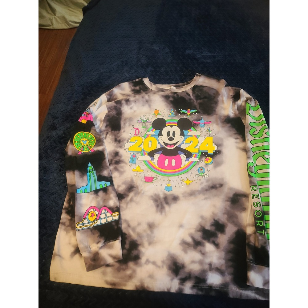 Disney Resort 2024 Mickey Mouse Tie Dye Long Sleeve Shirt XL Black White Neon